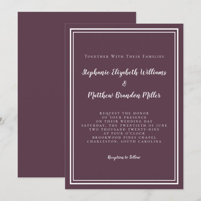 Invitación Chic Moderno Simple Bodas Minimalistas Ciruela Púr (Anverso / Reverso)