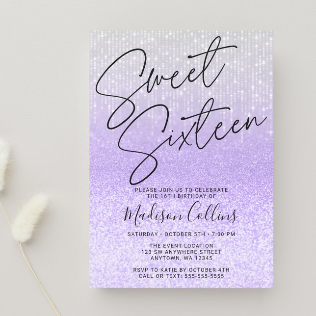 Invitación Chic Morado Plata Brillo Sweet 16 (Subido por el creador)