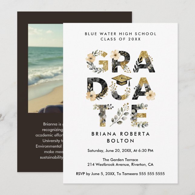 Invitación Chic Nature-Inspired Gold Graduate Photo (Anverso / Reverso)