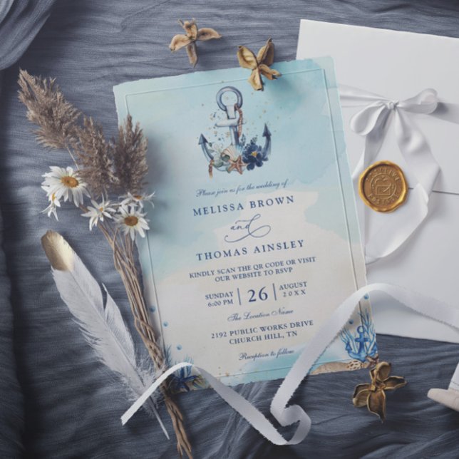 Invitación Chic Nautical Anchor Beach Modern QR Code Wedding  (Subido por el creador)