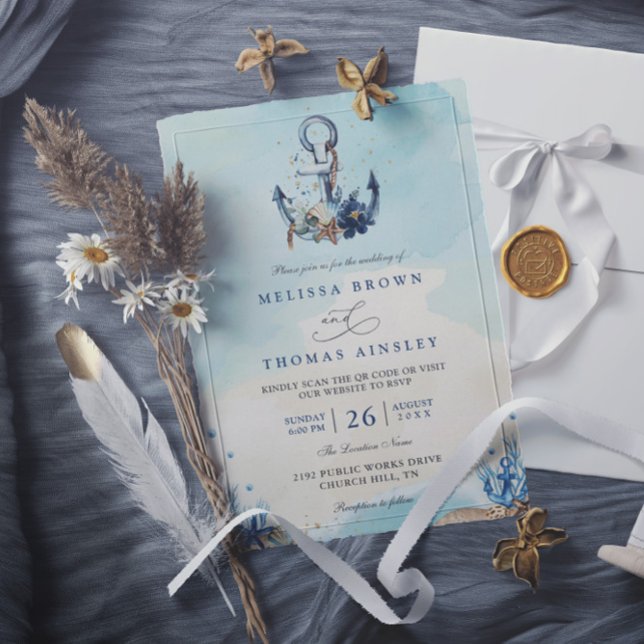 Invitación Chic Nautical Anchor Beach Modern QR Code Wedding (Subido por el creador)
