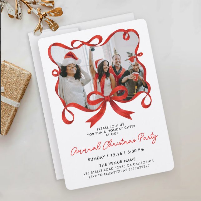 Invitación Chic Navidad Foto Cinta Roja Caligrafía Script (Subido por el creador)