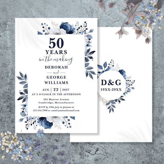 Invitación Chic Navy 50º Aniversario de Boda Monograma (Chic Navy 50th Wedding Anniversary Monogram Invitation)