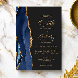 Invitación Chic Navy Blue Gold Agate Dark Wedding Invitation