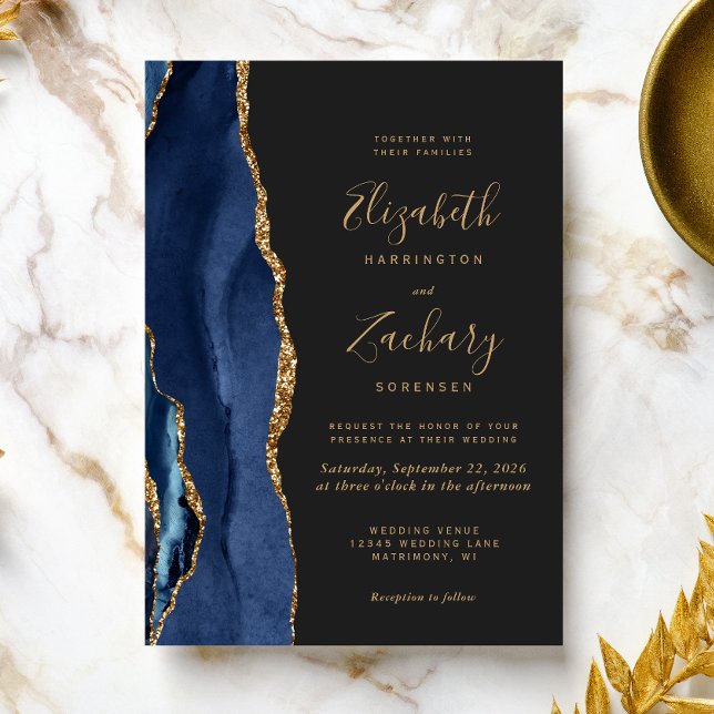 Invitación Chic Navy Blue Gold Agate Dark Wedding Invitation (Subido por el creador)