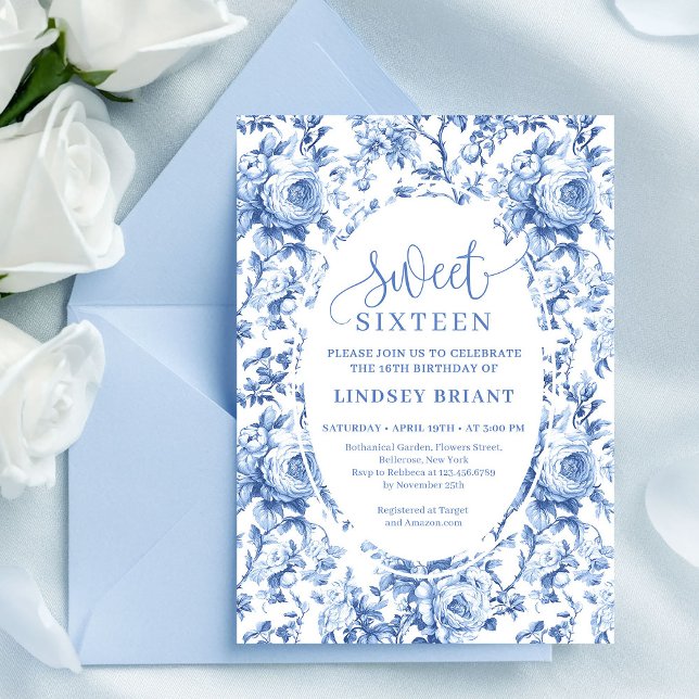 Invitación Chic Navy Roses Descargable Digital Cum (Chic Navy Roses Digital Download Sweet 16 Invite)