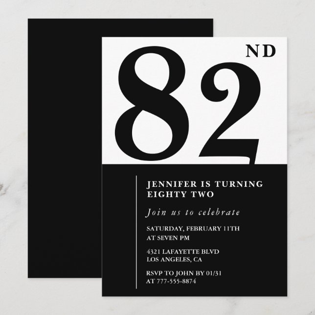 Invitación Chic Negro Blanco para su cumpleaños 82 (Anverso / Reverso)