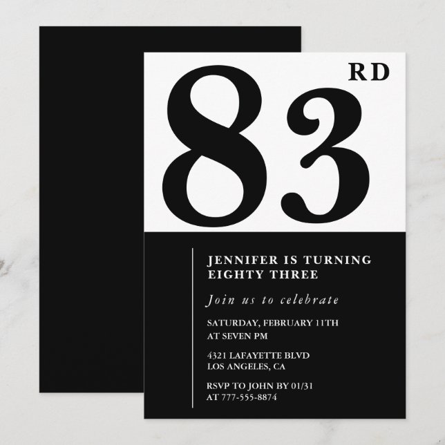 Invitación Chic Negro Blanco para su cumpleaños 83 (Anverso / Reverso)