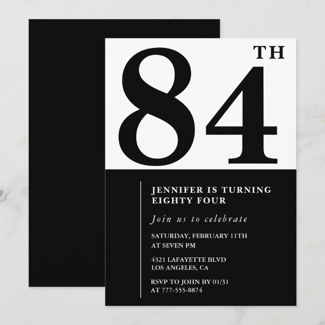 Invitación Chic Negro Blanco para su cumpleaños 84 (Anverso / Reverso)