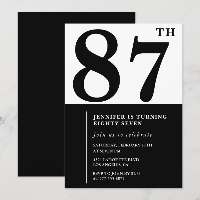 Invitación Chic Negro Blanco para su cumpleaños 87 (Anverso / Reverso)