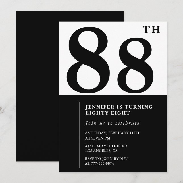 Invitación Chic Negro Blanco para su cumpleaños 88 (Anverso / Reverso)