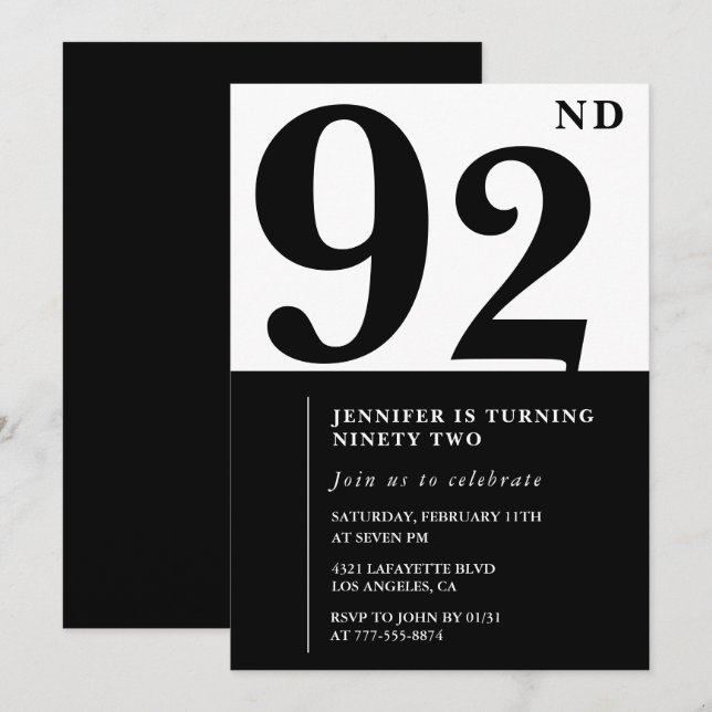 Invitación Chic Negro Blanco para su cumpleaños 92 (Anverso / Reverso)
