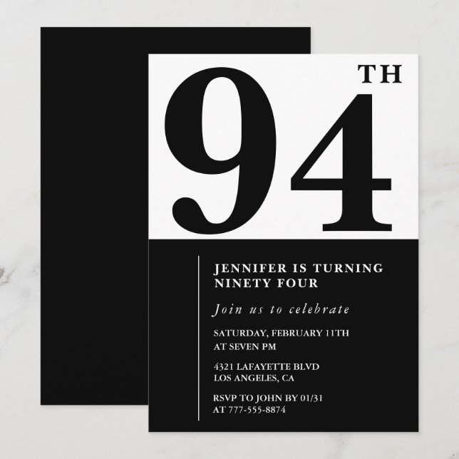 Invitación Chic Negro Blanco para su cumpleaños 94 (Anverso / Reverso)