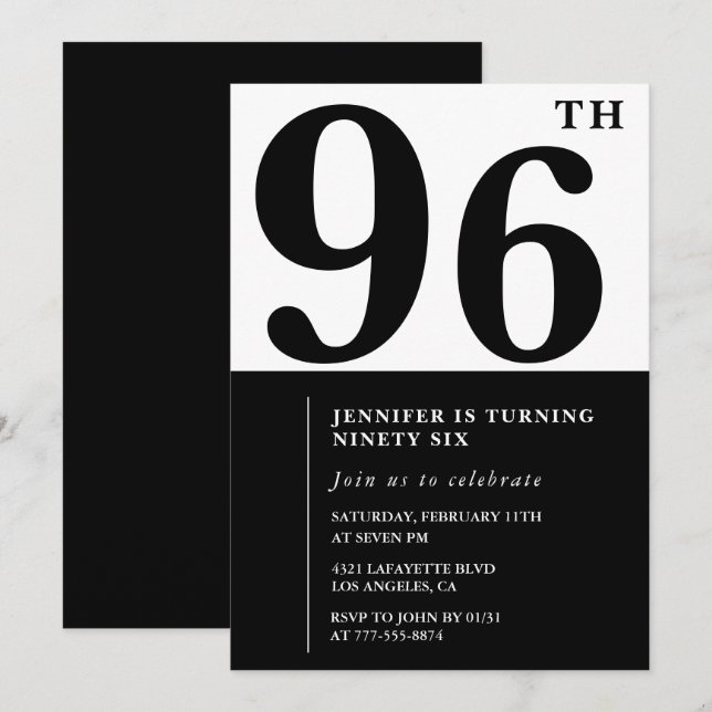 Invitación Chic Negro Blanco para su cumpleaños 96 (Anverso / Reverso)