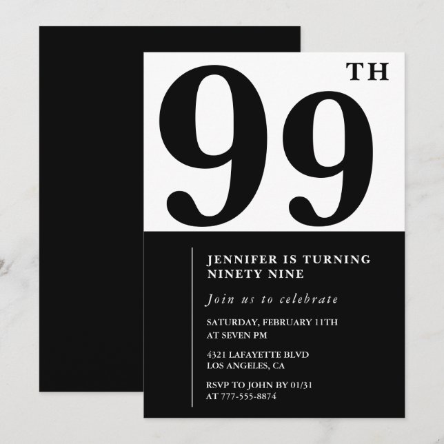 Invitación Chic Negro Blanco para su cumpleaños 99 (Anverso / Reverso)