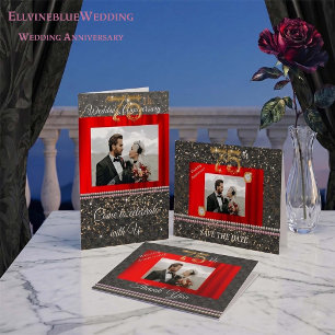 Invitación Chic Negro Oro y Perlas 75 Aniversario de Boda
