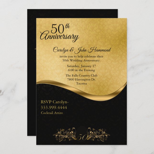 Invitación Chic Negro y Dorado 50 Aniversario de Boda (Anverso / Reverso)