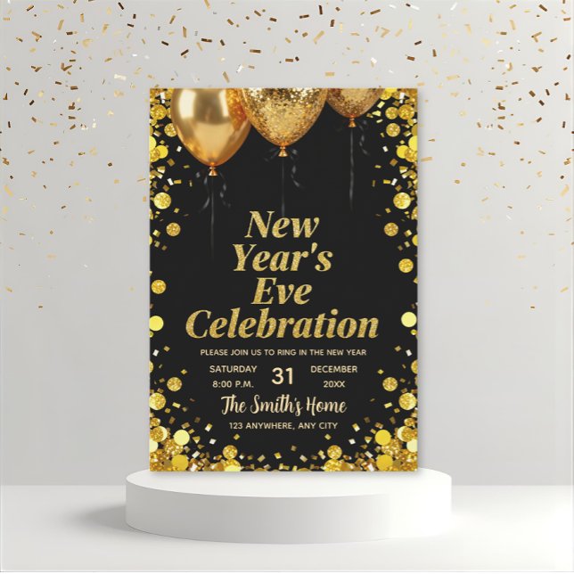 Invitación Chic New Year' Eve Party Gold Glitter Black  (Subido por el creador)