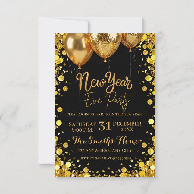 Invitación Chic New Year' Eve Party Gold Glitter Black  (Anverso)