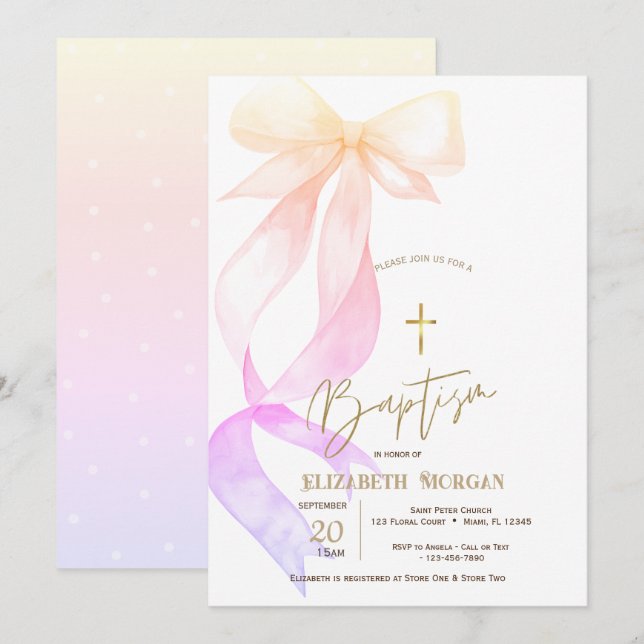 Invitación Chic Ombre Bow Gold Cross Baptism (Anverso / Reverso)