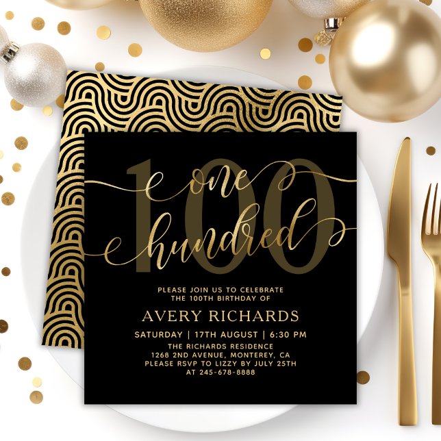Invitación Chic One Hundred Script Black Gold 100th Birthday (Subido por el creador)