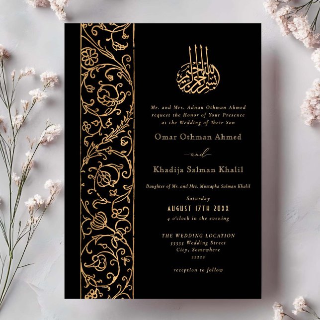 Invitación Chic Ornate Floral Gold & Black Islamic Wedding (Subido por el creador)
