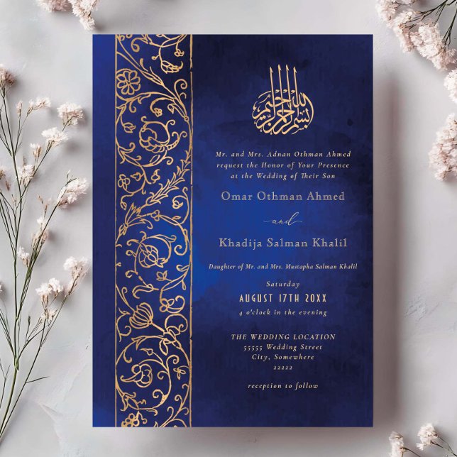 Invitación Chic Ornate Floral Gold & Blue Islamic Wedding (Subido por el creador)