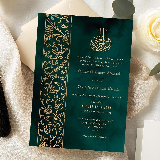Invitación Chic Ornate Floral Gold & Green Islamic Wedding (Subido por el creador)