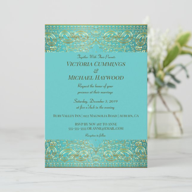 Invitación Chic Oro Paisley y Azul Acuático (Anverso de pie)