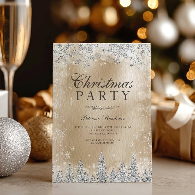 Invitación Chic oro plata copo de nieve invierno fiesta de Na (Chic Gold Silver snowflake winter Christmas party Invitation)