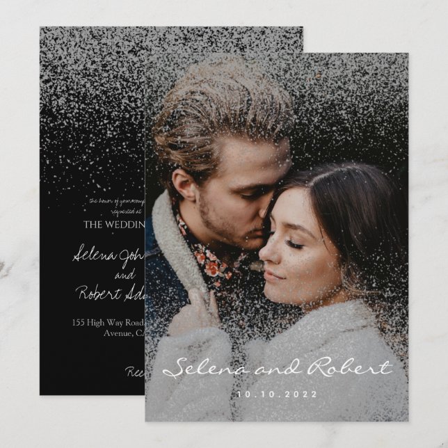 Invitación Chic Overlay de Fotos con Brillo de Plata Boda (Anverso / Reverso)