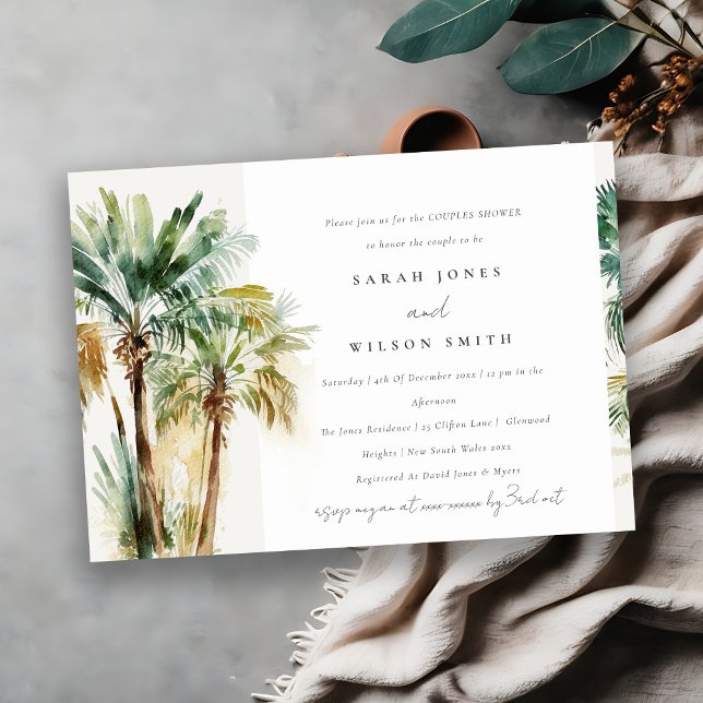 Invitación Chic Palmeras Acuarela Tropical Ducha de Parejas (Subido por el creador)