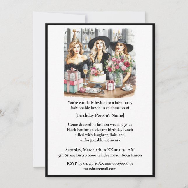 Invitación Chic para Almuerzo de Cumpleaños Damas  (Anverso)