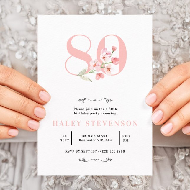 Invitación Chic para el 80 cumpleaños Simple Floral Rosa y Bl (Subido por el creador)