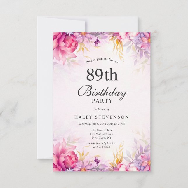 Invitación Chic Pastel Acuarela Floral Femenino 89 Cumpleaños (Anverso)