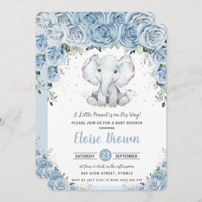 Invitación Chic Pastel Azul Floral Elefante Niño Baby Shower  (Anverso / Reverso)