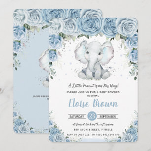 Invitación Chic Pastel Azul Floral Elefante Niño Baby Shower 