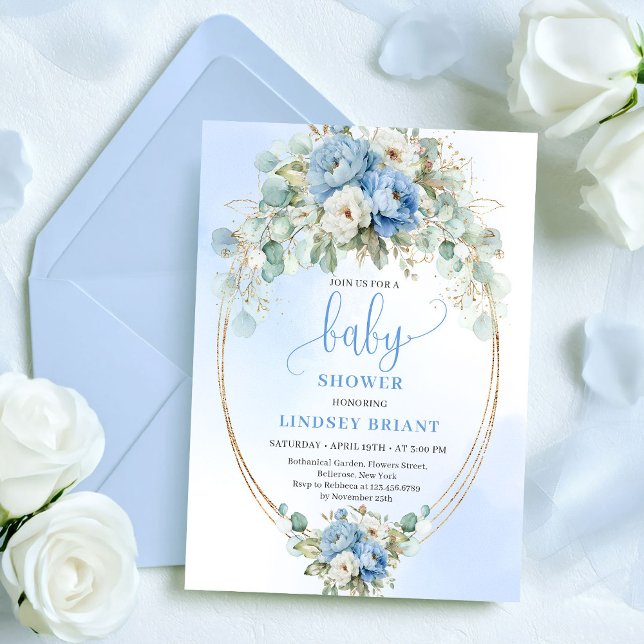 Invitación Chic Pastel Blue Peony Eucalyptus Gold Baby Shower (Chic Pastel Blue Peony Eucalyptus Baby Shower Invitation)
