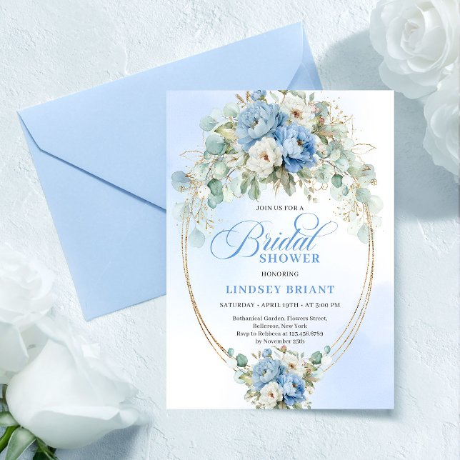 Invitación Chic Pastel Blue Peony Greenery Gold Bridal Shower (Chic Pastel Blue Peony Greenery Bridal Shower Invitation)