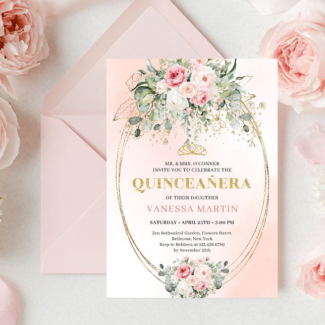 Invitación Chic Pastel Pink Boho Floral Quinceañera Invites (Chic Pastel Pink Boho Floral Quinceañera Invitation)