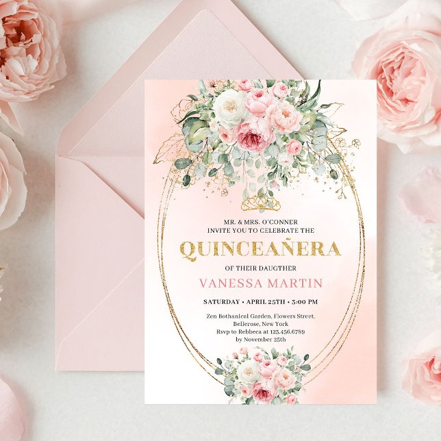Invitación Chic Pastel Pink Eucalyptus Quinceañera Invite (Chic Pastel Pink Eucalyptus Quinceañera Invite

)