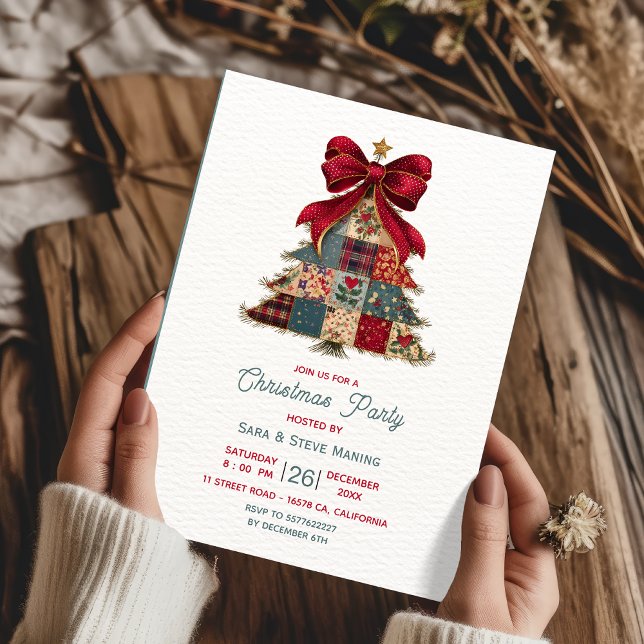 Invitación chic patchwork tree bow christmas party (Subido por el creador)