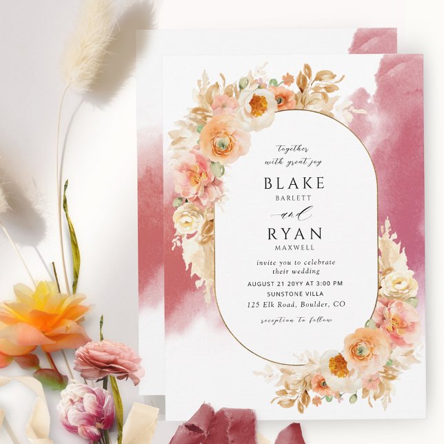 Invitación Chic Peach Blush Cream and Burgundy Oval Wedding (Subido por el creador)