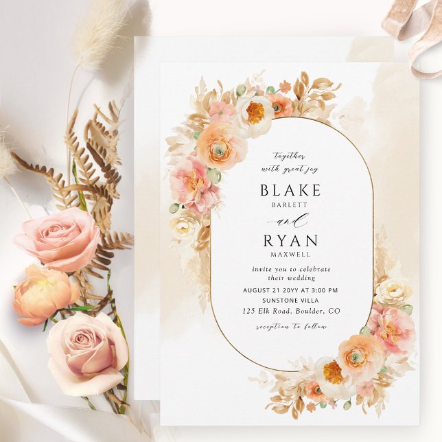 Invitación Chic Peach Blush Cream and Champagne Oval Wedding (Subido por el creador)
