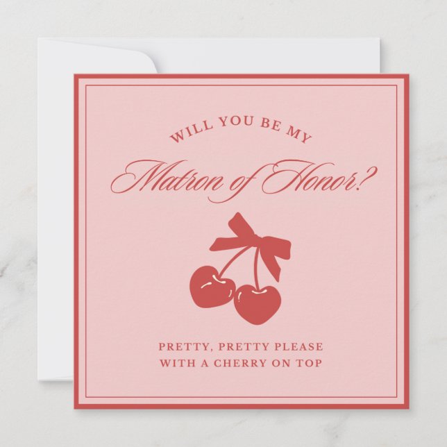 Invitación Chic Pink Bow Cherry Matron of Honor Proposal Card (Anverso)