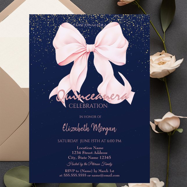 Invitación Chic Pink Bow Confetti Navy Blue Quinceañera   (Subido por el creador)