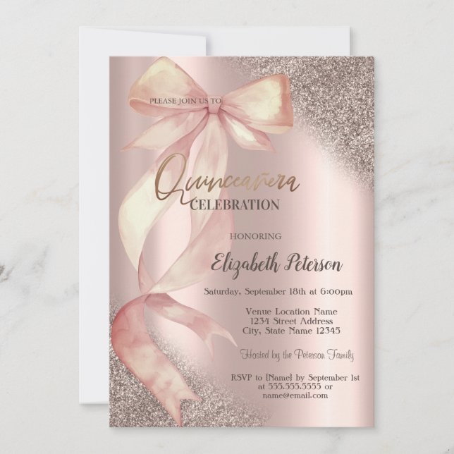 Invitación Chic Pink Bow Glitter Rose Gold  Quinceañera (Anverso)