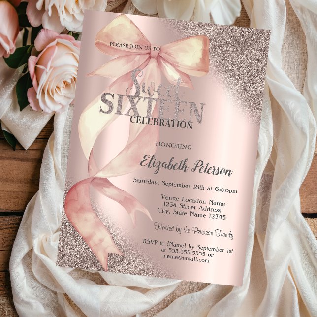 Invitación Chic Pink Bow Glitter Rose Gold Sweet 16  (Subido por el creador)