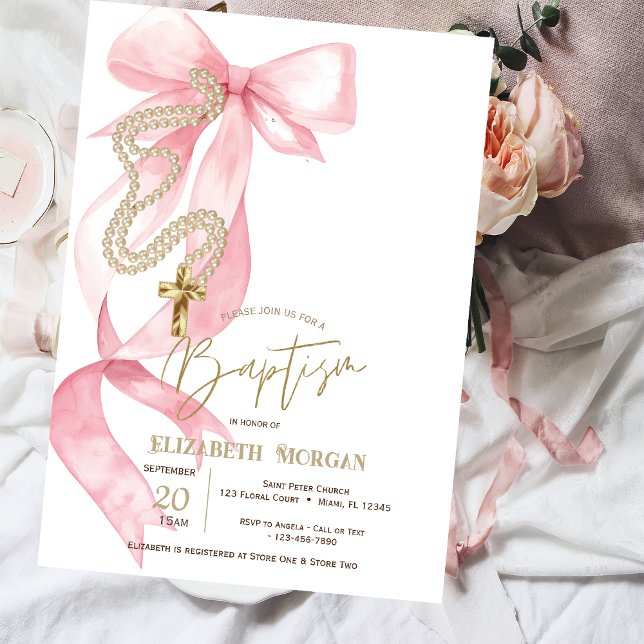 Invitación Chic Pink Bow Pearls Cross Baptism (Subido por el creador)
