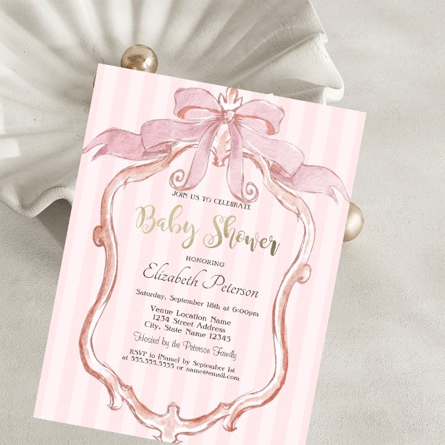 Invitación Chic Pink Bow Retro Frame Striped Baby Shower  (Subido por el creador)